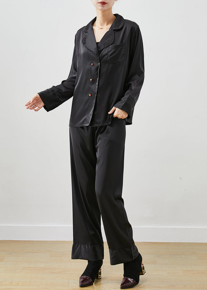 Black Peter Pan Collar Double Breast Ice Silk Two Piece Set Clothing Fall