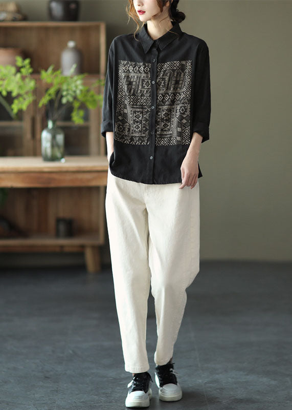 Black Peter Pan Collar Print Cotton Shirt Tops Long Sleeve