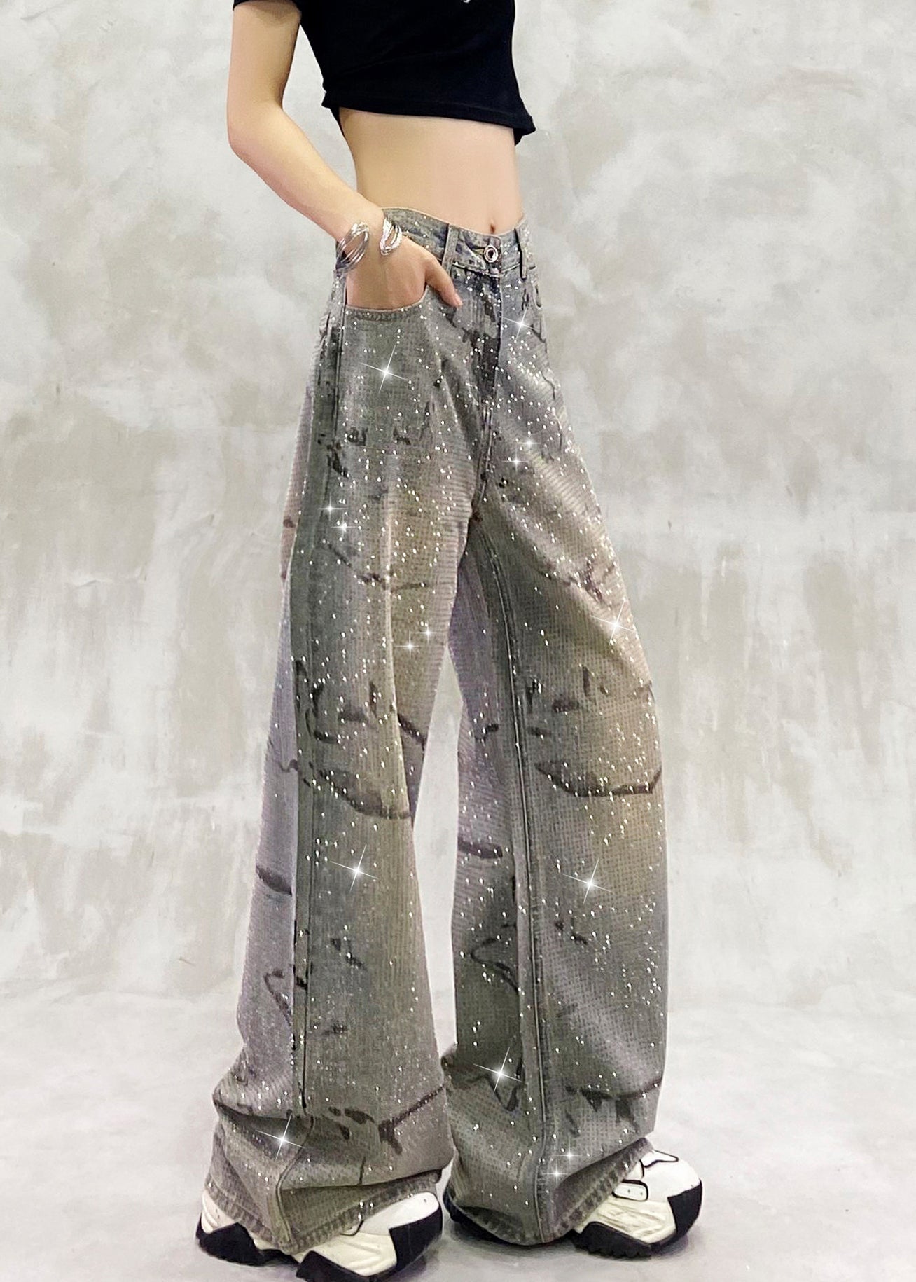 Blue Pockets Zircon High Waist Denim Pants Fall