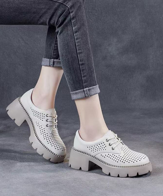 Beige Splicing Chunky Heel Hollow Out Lace Up