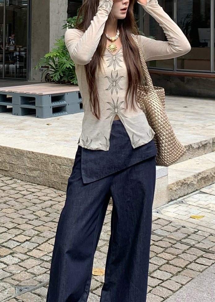 Beige V Neck Embroidered Cotton Top Fall