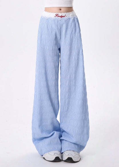 Blue Pockets Lace Patchwork Cotton Pants Spring