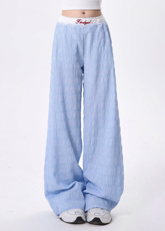 Blue Pockets Lace Patchwork Cotton Pants Spring