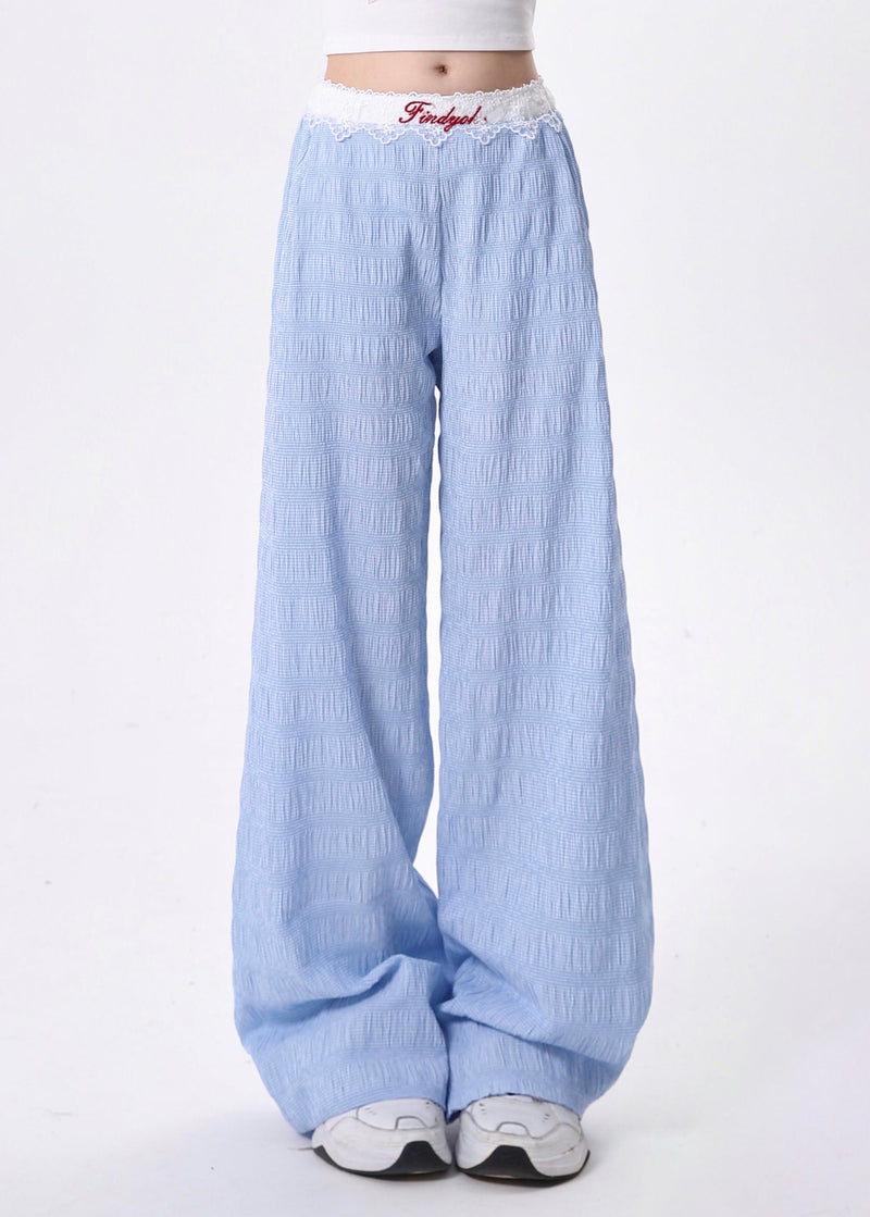 Blue Pockets Lace Patchwork Cotton Pants Spring