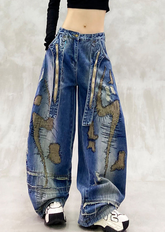 Diy Blue Embroidered Zippered Denim Wide Leg Pants Spring