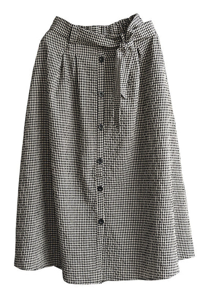 Black Bow Button Pockets Plaid Linen a Line Skirts Summer