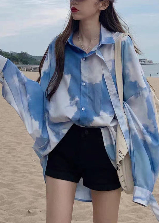 Blue Tie Dye Button Patchwork Cotton Shirt Top Fall