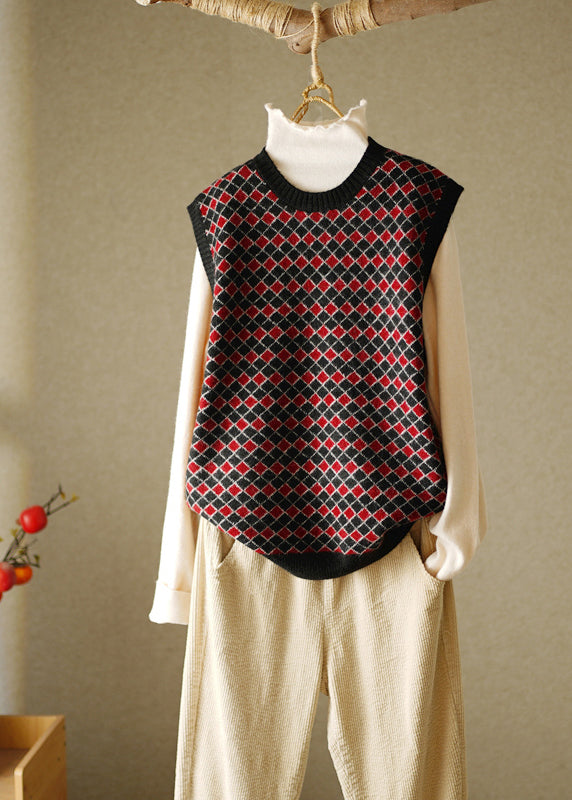 Navy O-neck Plaid Knitted Cotton Thread Waistcoat Fall