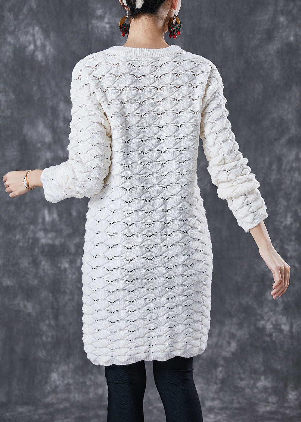 White O-neck Thick Knit Sweater Dress Winter