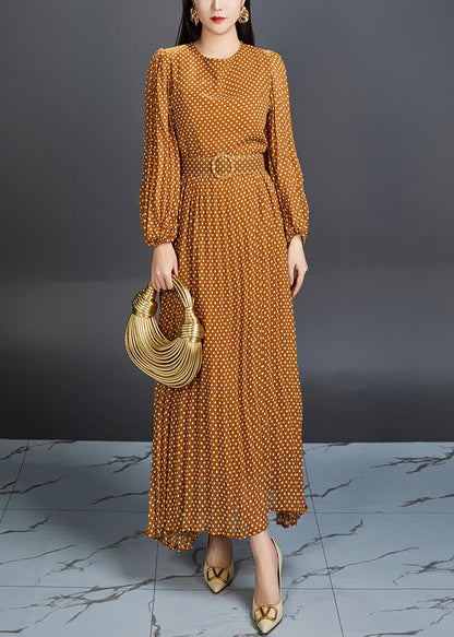Orange Dot High Waist Chiffon Long Dress Fall
