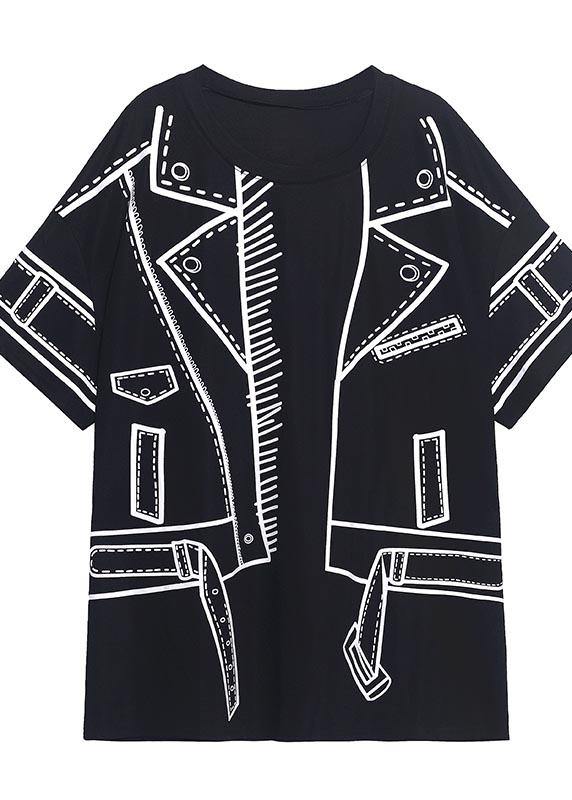 Black Graphic O-neck Cotton Shirt Top