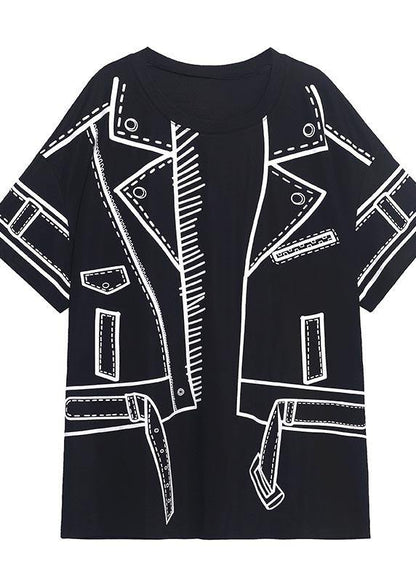 Black Graphic O-neck Cotton Shirt Top