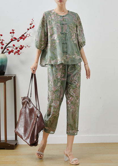 Green Embroidered Chinese Button Silk Two Pieces Set Summer