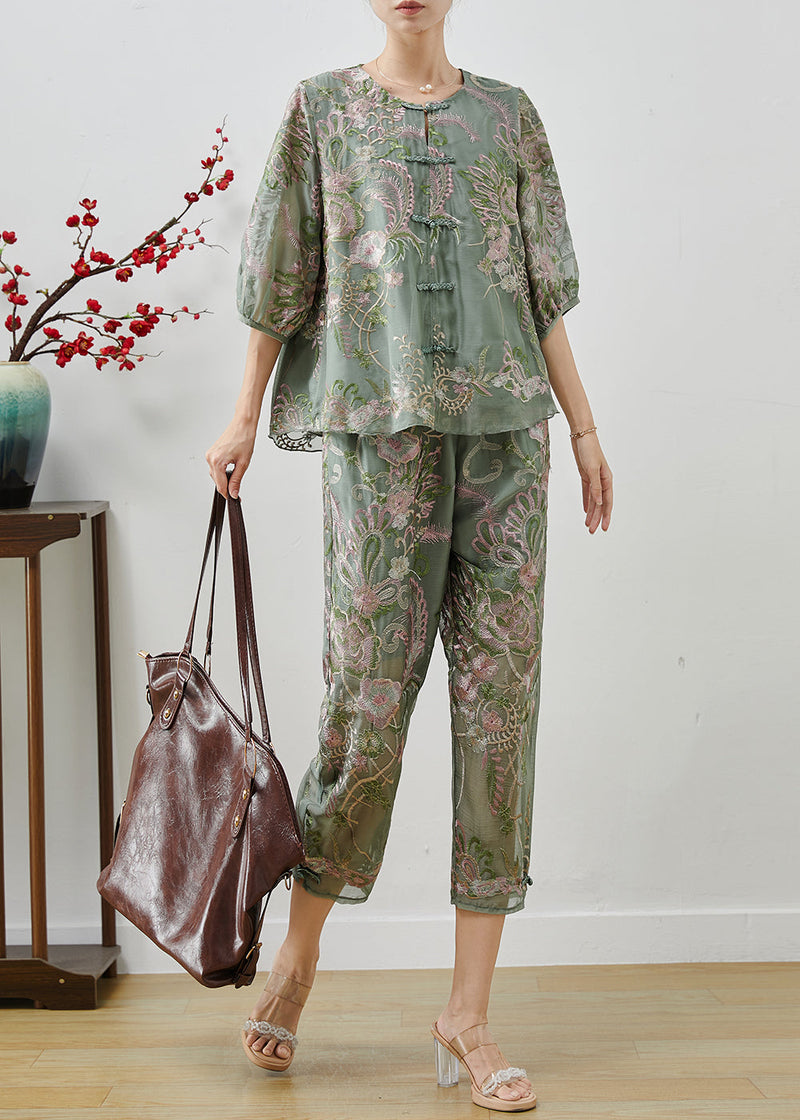 Green Embroidered Chinese Button Silk Two Pieces Set Summer