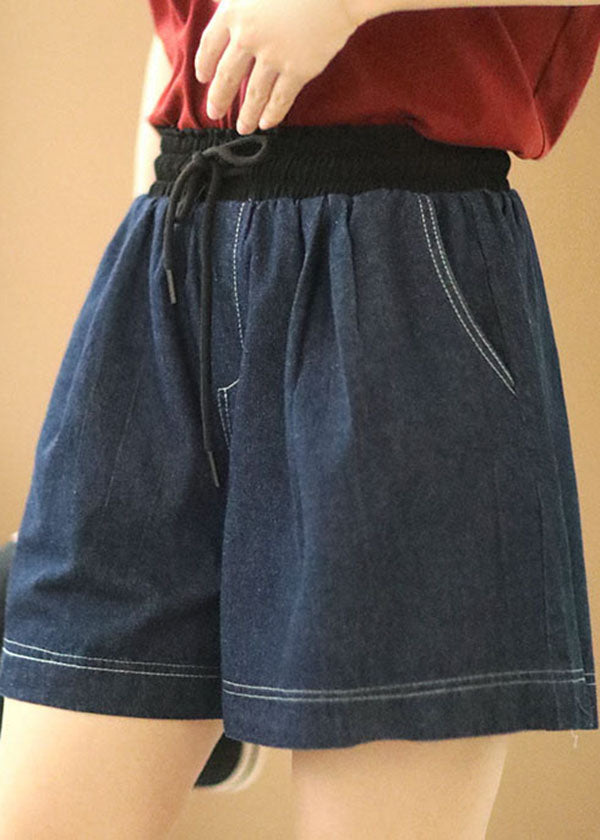 Navy Elastic Waist Drawstring Pockets Patchwork Linen Denim Shorts Summer