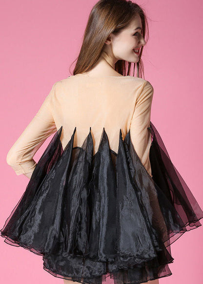 Black Embroideried Patchwork Organza Mini Dress Bracelet Sleeve