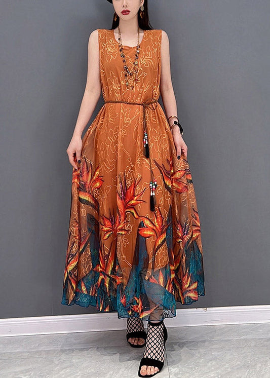 Orange O-neck Chiffon Long Beach Dresses Sleeveless