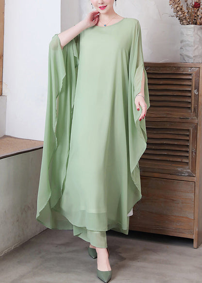 Loose Pea Green O-neck Chiffon Maxi Dresses Spring