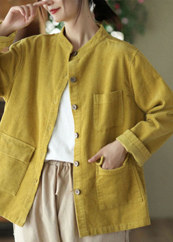 Boutique Yellow Stand Collar Pockets Corduroy Coats Fall