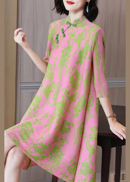 Pink Mandarin Collar Wrinkled Silk Oriental Dresses Half Sleeve