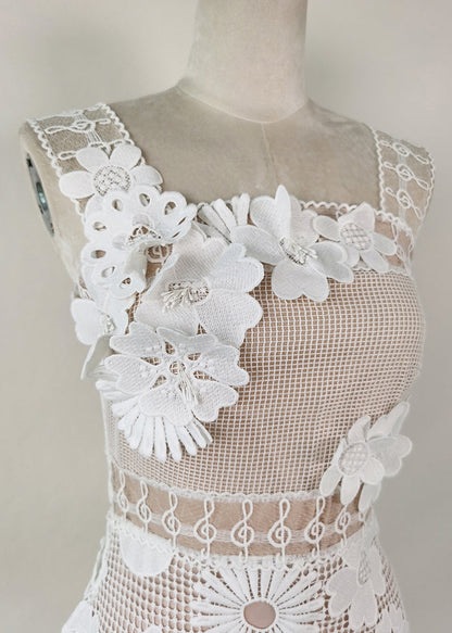 Handmade White Embroidered Hollow Out Lace Long Dress Sleeveless