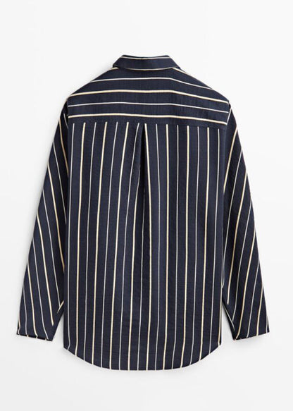 Black Striped Patchwork Low High Design Cotton Shirt Spring
