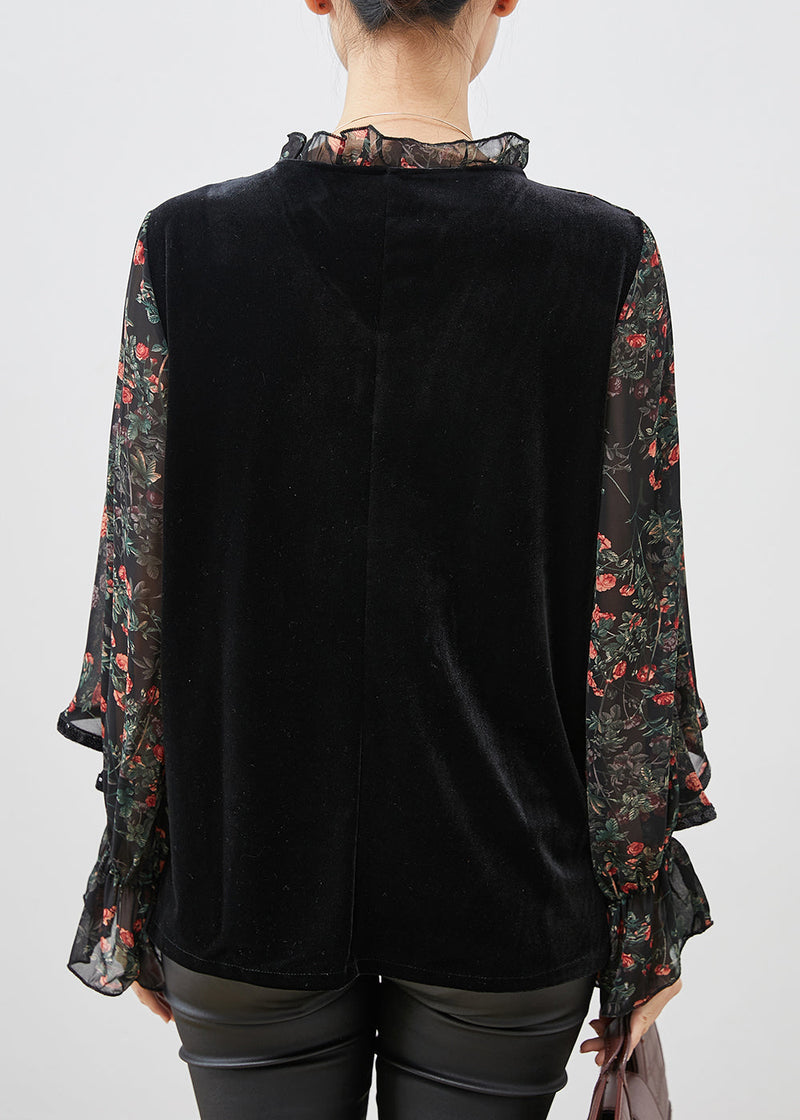 Black Print Ruffled Patchwork Velour Chiffon Shirt Spring