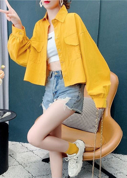 Yellow Color Pockets Cotton Blouses Batwing Sleeve