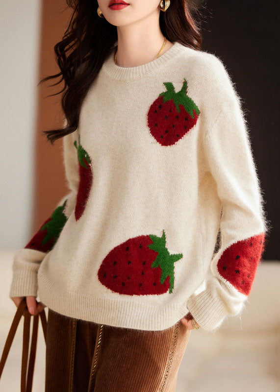 Beige Strawberry Print Cozy Cotton Knit Sweater Long Sleeve