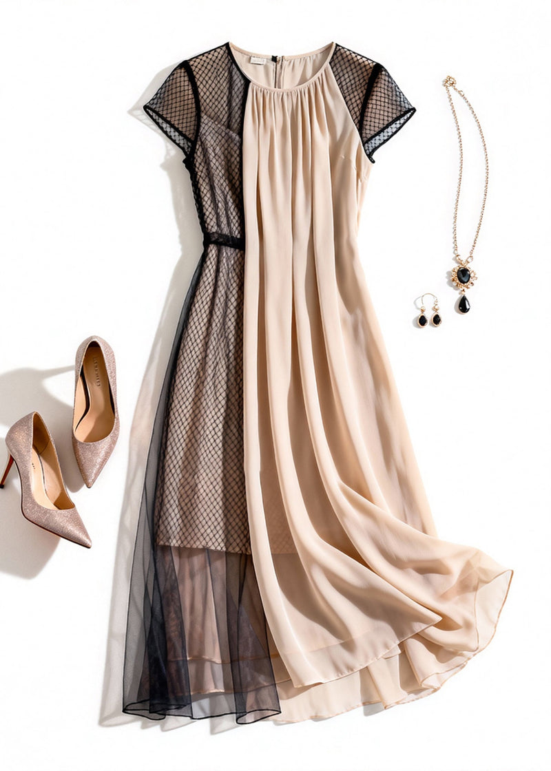 Apricot Wrinkled Tulle Patchwork Dress Summer