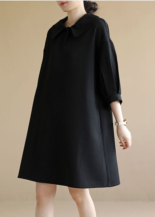 French Black Peter Pan Collar Waffle Cotton Vacation Mid Dress Bracelet Sleeve