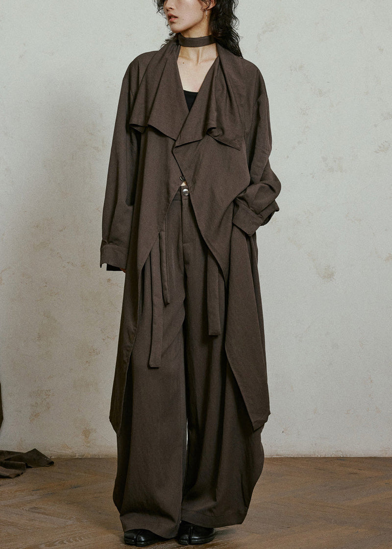 Chocolate Bow Pockets Maxi Trench Coats Lantern Sleeve