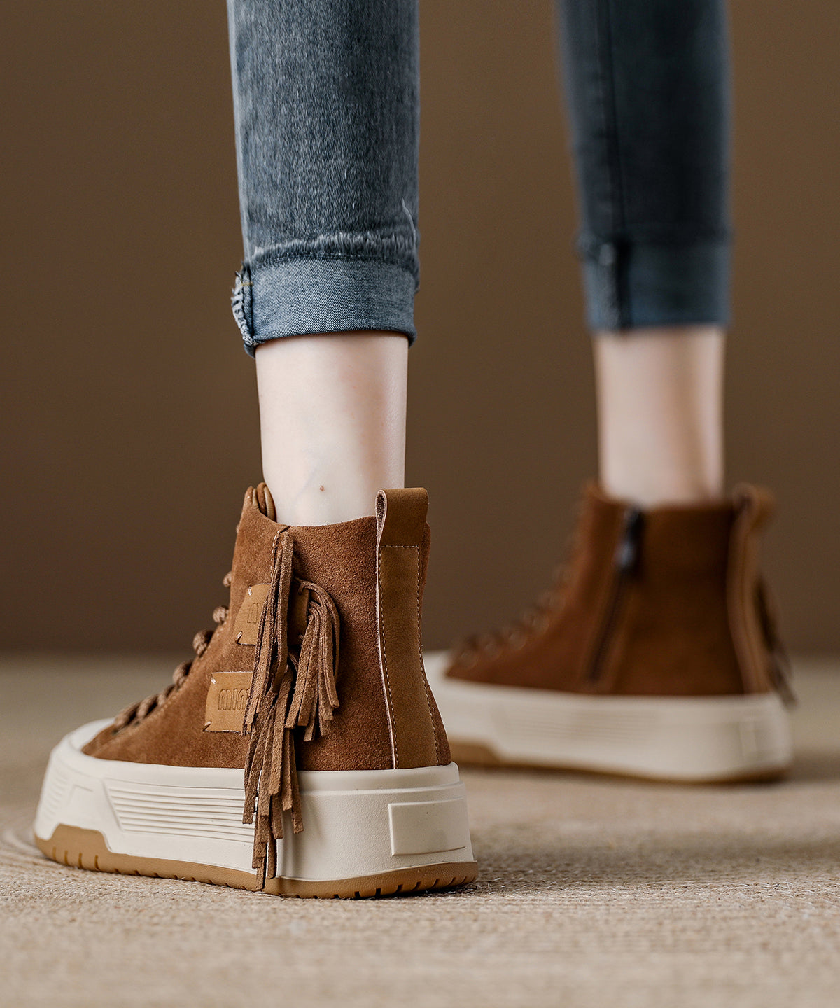 Coffee Tassel Lace Up Splicing Suede Boots