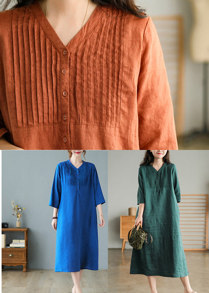 Blue Wrinkled Linen Long Dresses Half Sleeve