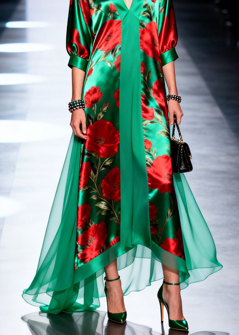 V Neck Print Patchwork Chiffon Maxi Dresses Summer