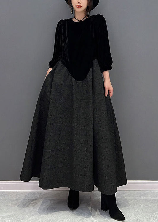 Fine Black O-neck Asymmetrical Patchwork Silk Velour Dress Fall