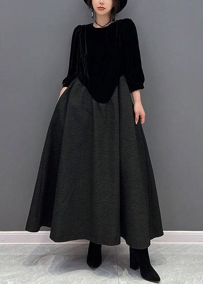 Fine Black O-neck Asymmetrical Patchwork Silk Velour Dress Fall