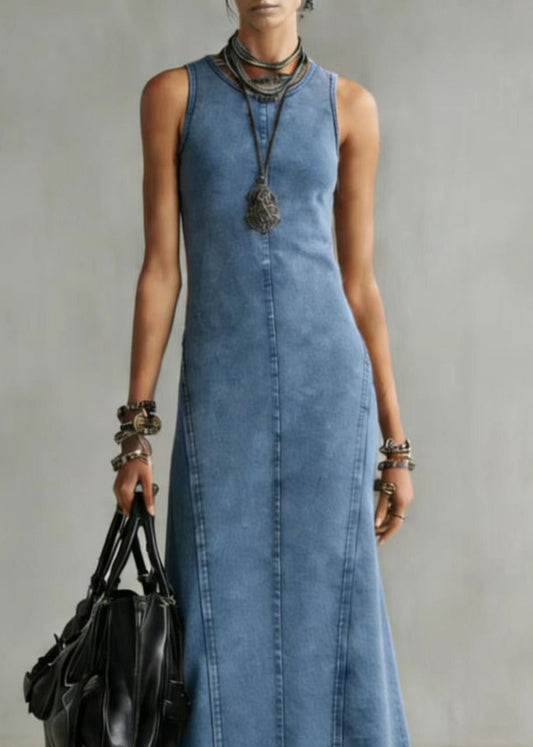 Slim Fit Blue O Neck Denim Long Dress Sleeveless