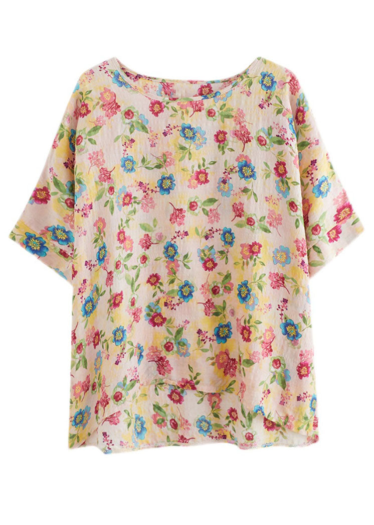 Diy Light Yellow O-neck Oversized Print Cotton Tanks Short Sleeve