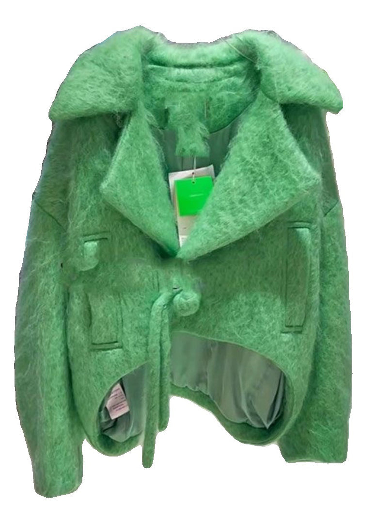 New Green Button Low High Design Woolen Coats Long Sleeve Fall