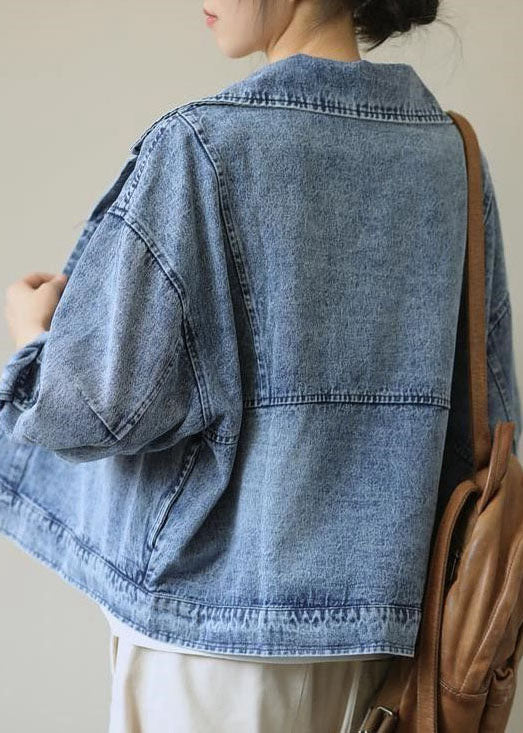 Organic Blue Peter Pan Collar Pockets Denim Coats Spring