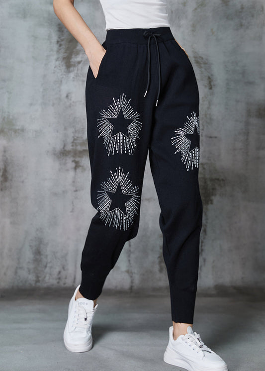 Diy Black Elastic Waist Zircon Cotton Harem Pants Spring