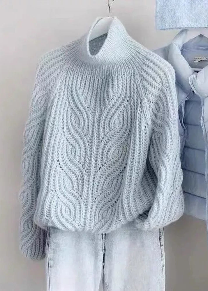Style Blue Turtleneck Cozy Cotton Knit Cable Knit Sweaters Lantern Sleeve Spring