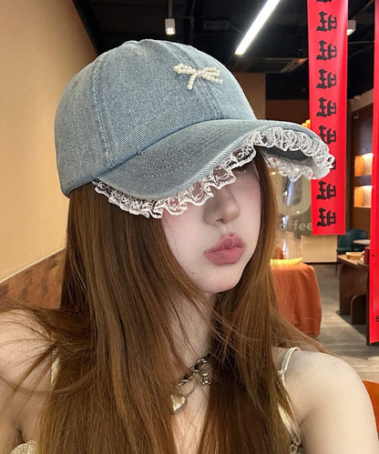 Blue Lace Bead Bow Patchwork Denim Baseball Cap Hat