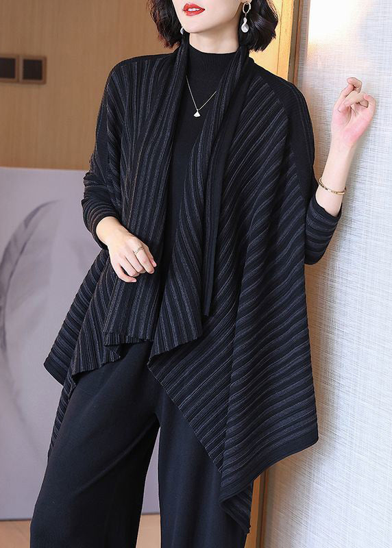 Coffee Striped Asymmetrical Cotton Knit Cardigan Spring