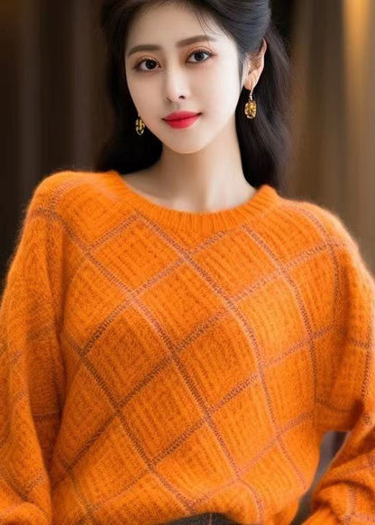 Orange O Neck Patchwork Cozy Cotton Knit Sweaters Winter