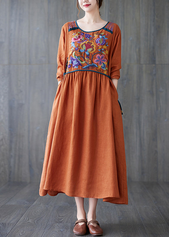 Orange O Neck Embroidered Patchwork Cotton Dress Spring