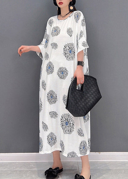 White O-neck Print Long Dress Half Sleeve
