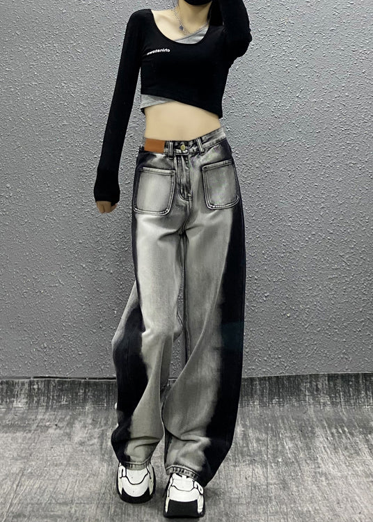 Colorblock Pockets High Waist Denim Wide Leg Pants Fall