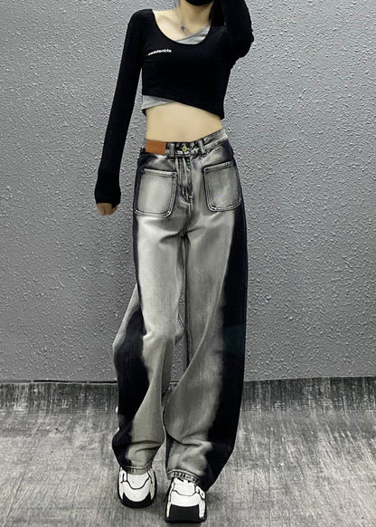 Colorblock Pockets High Waist Denim Wide Leg Pants Fall